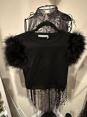 Alice + Olivia Black Feather-Trim Short Sleeve Top